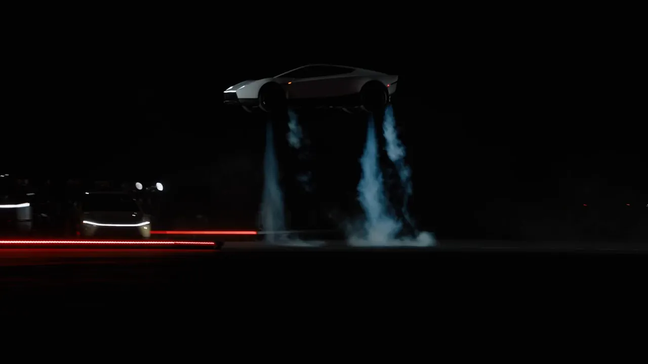 The Roadster lifting off the ground on two downward thruster jets