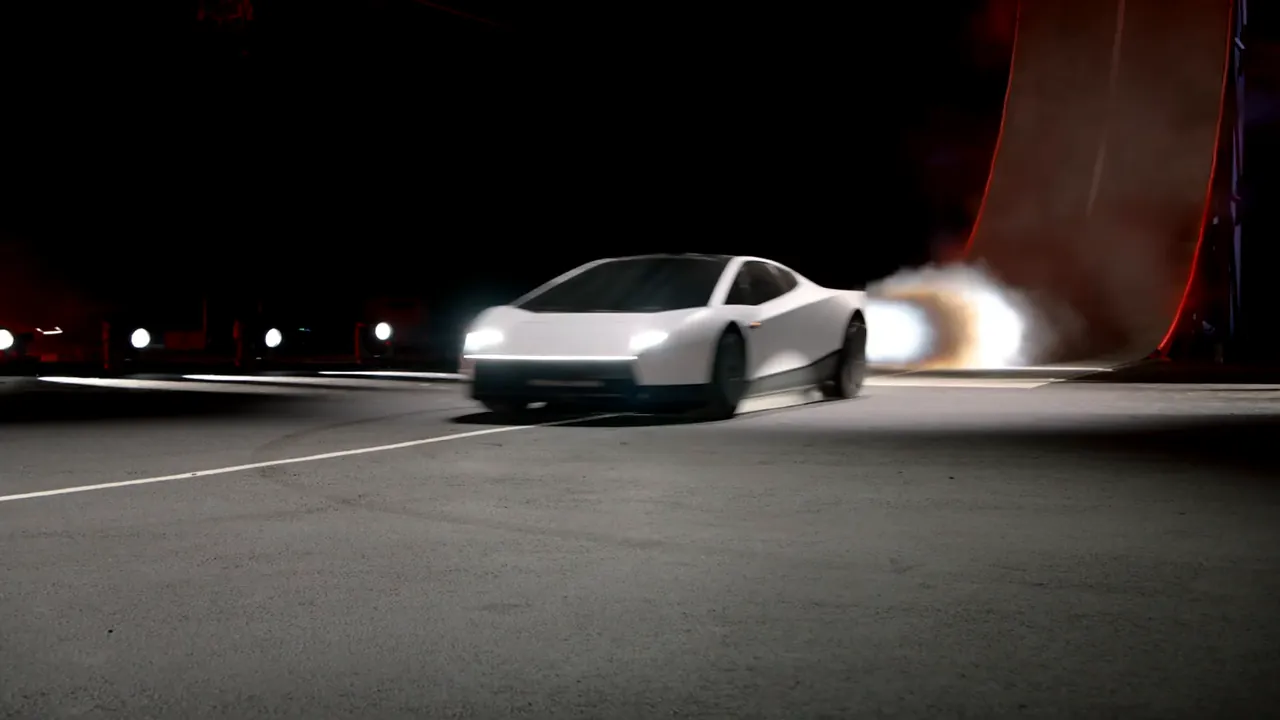 The Roadster launching off the line with a plume from its rear thrusters