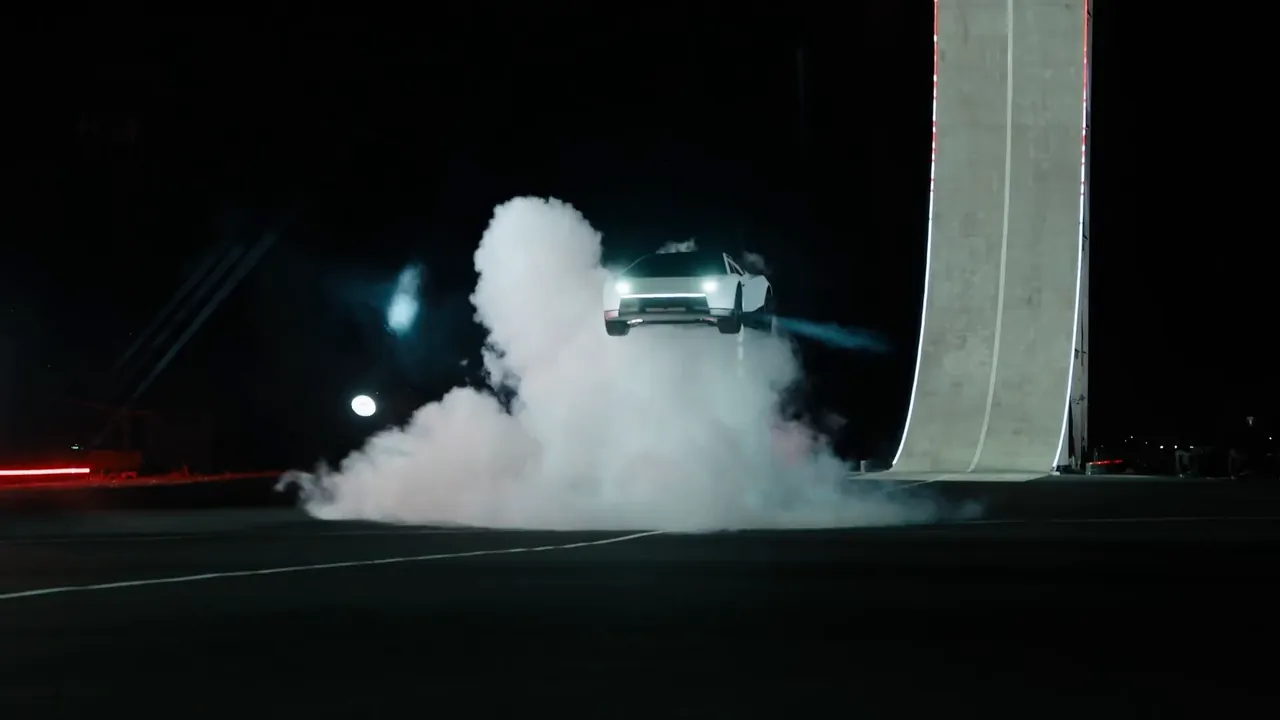 The Roadster settling onto the pavement in a cloud of vapour next to the ramp